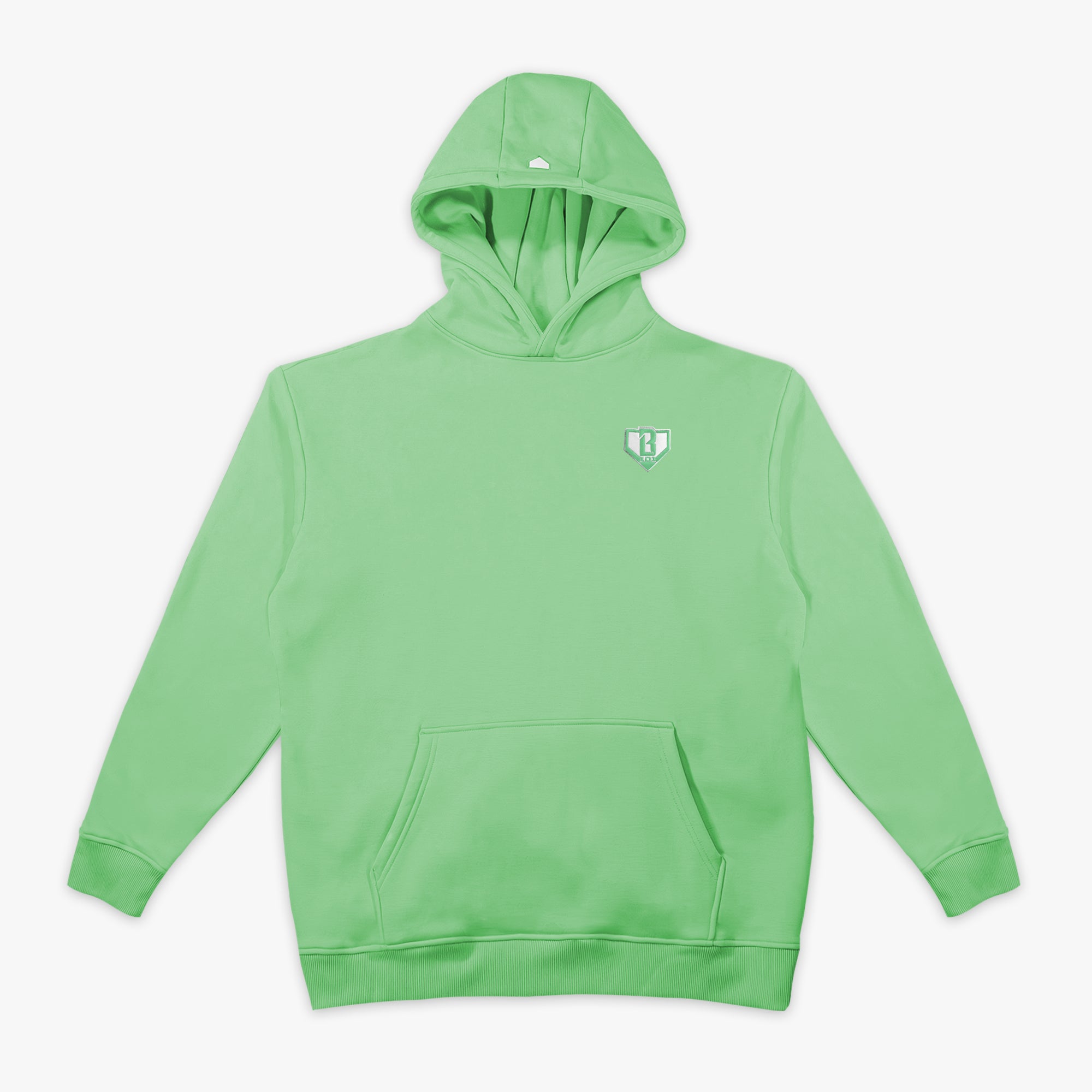 Green hoodie with a small BL101 logo on a white background