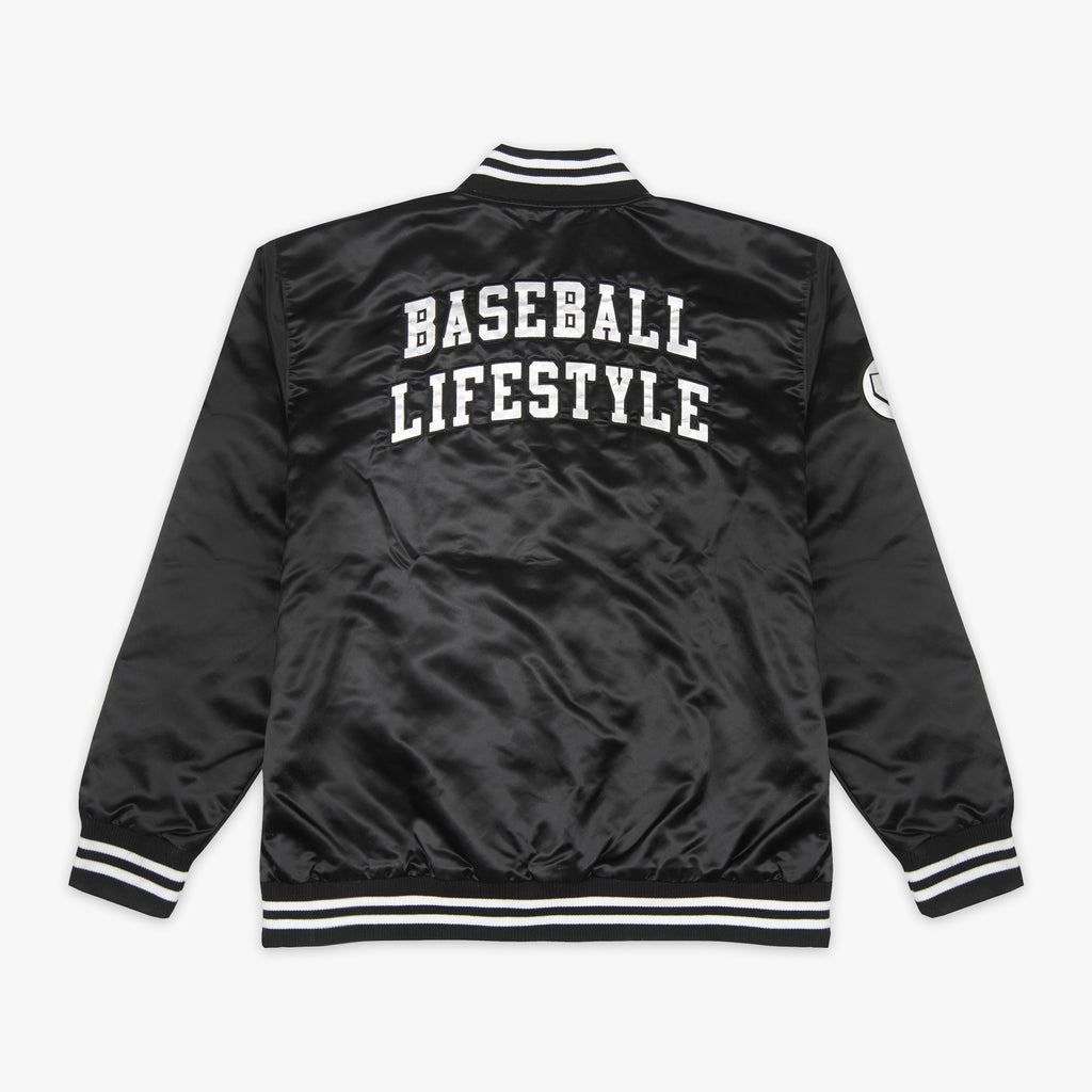 Jacket with “Baseline Satin Jacket” design — back view