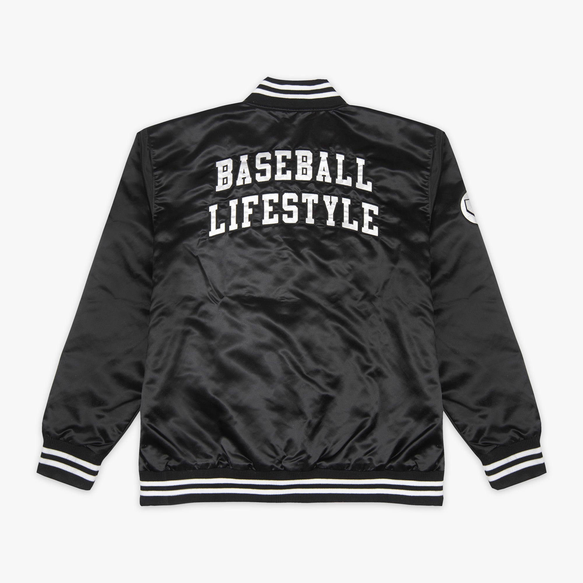 Jacket with “Baseline Satin Jacket” design — back view