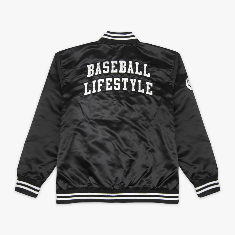 Jacket with “Baseline Satin Jacket” design — back view