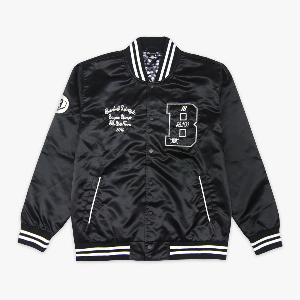 Jacket with “Baseline Satin Jacket” design — front view