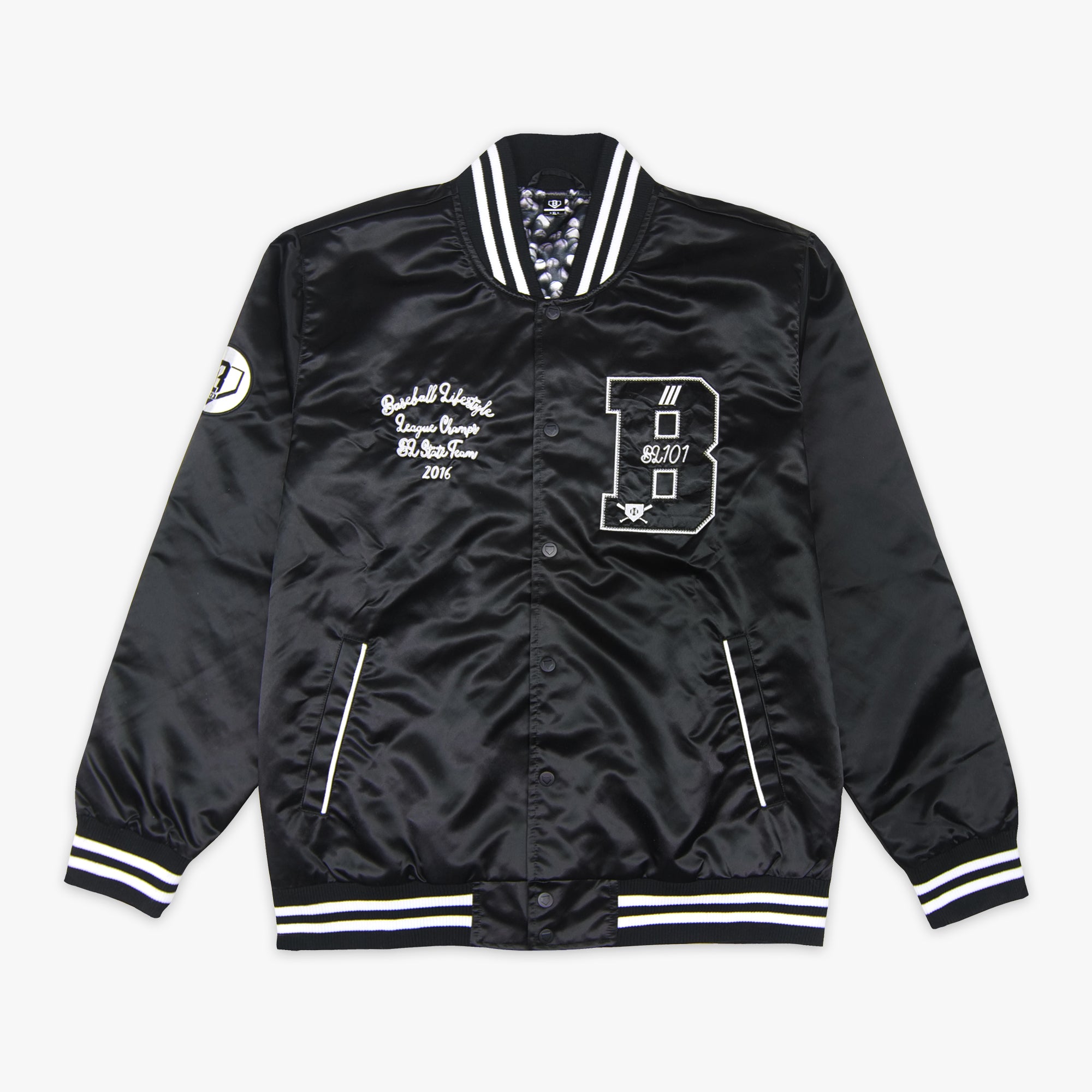 Jacket with “Baseline Satin Jacket” design — front view