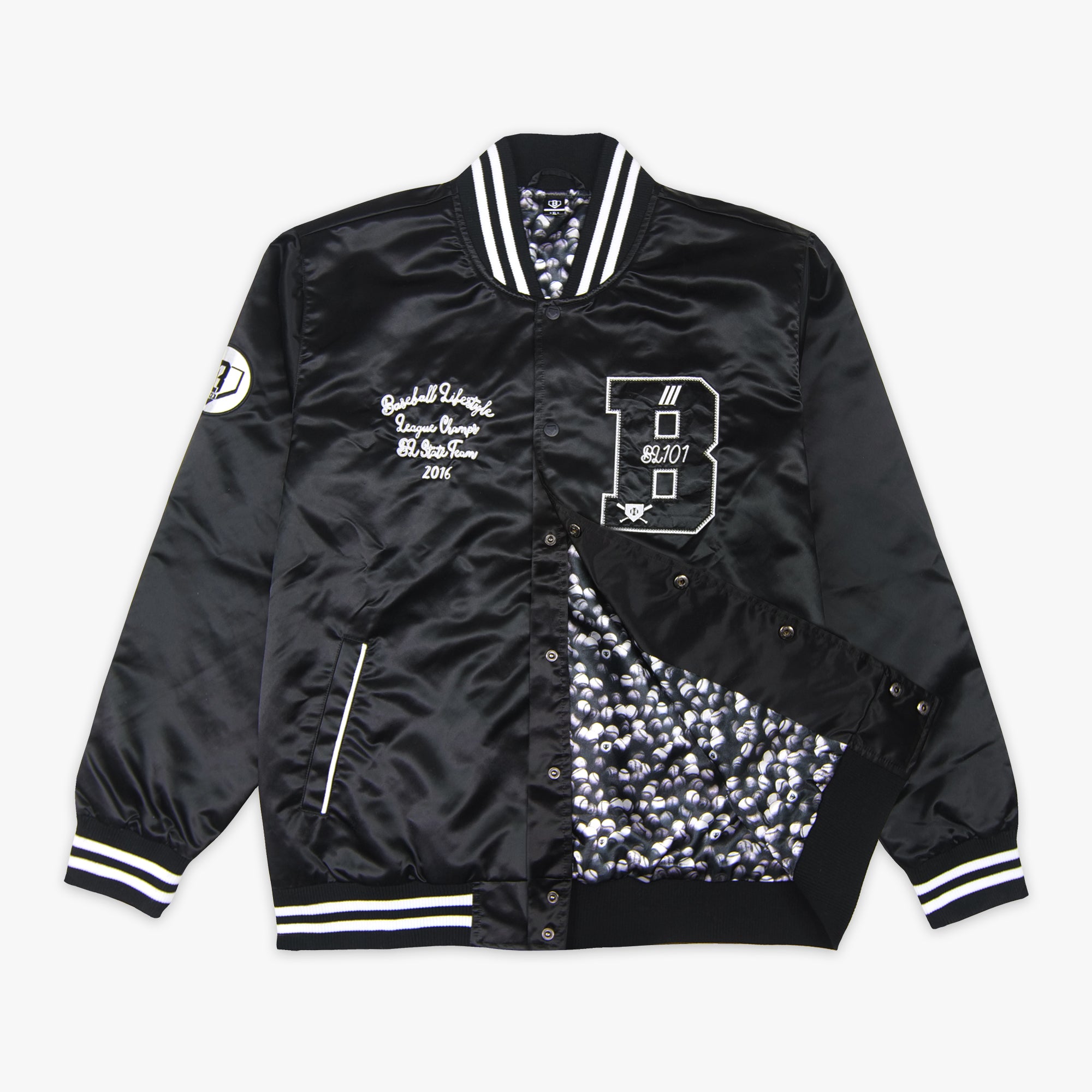 Jacket with “Baseline Satin Jacket” design — front view