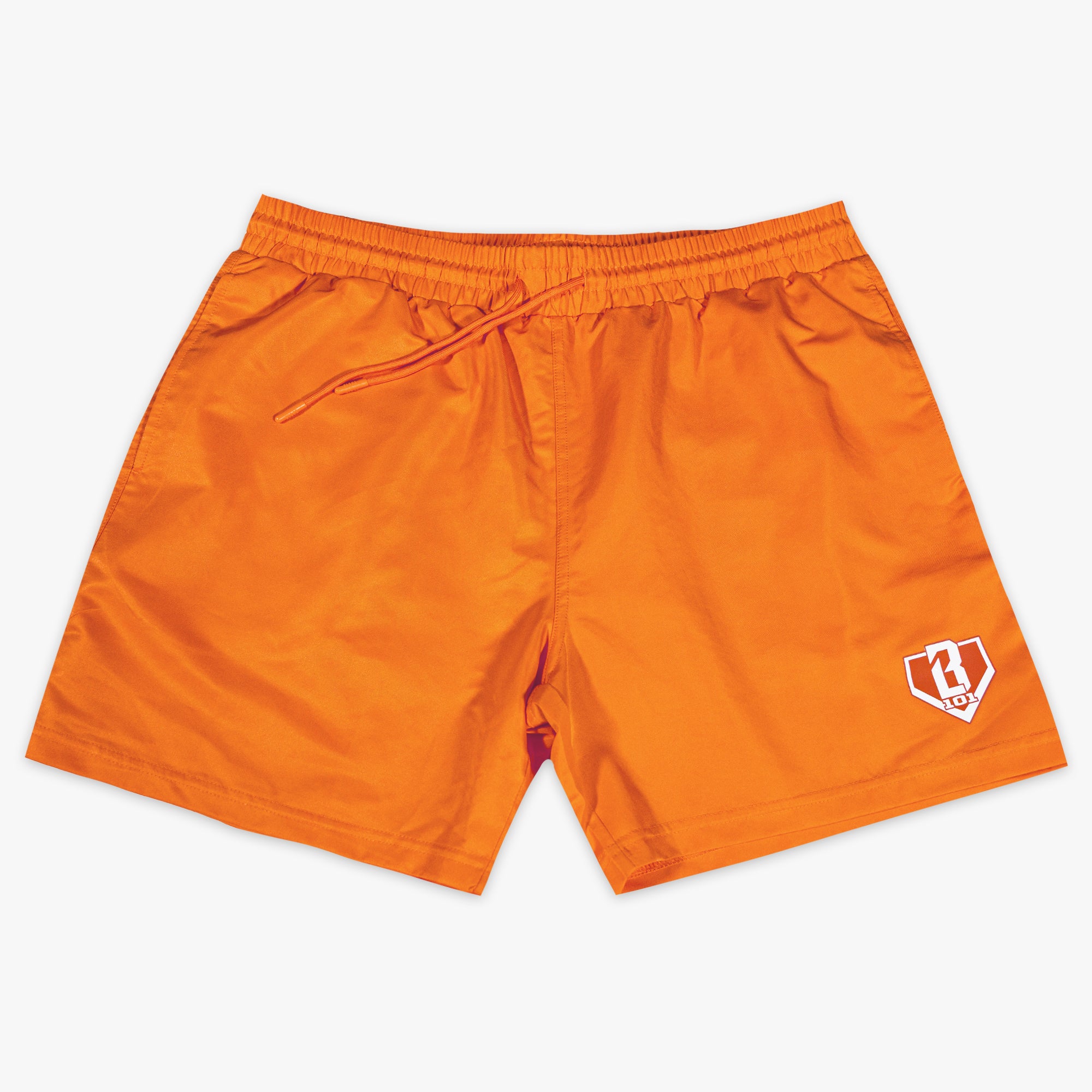 Orange shorts with a BL101 logo on a white background