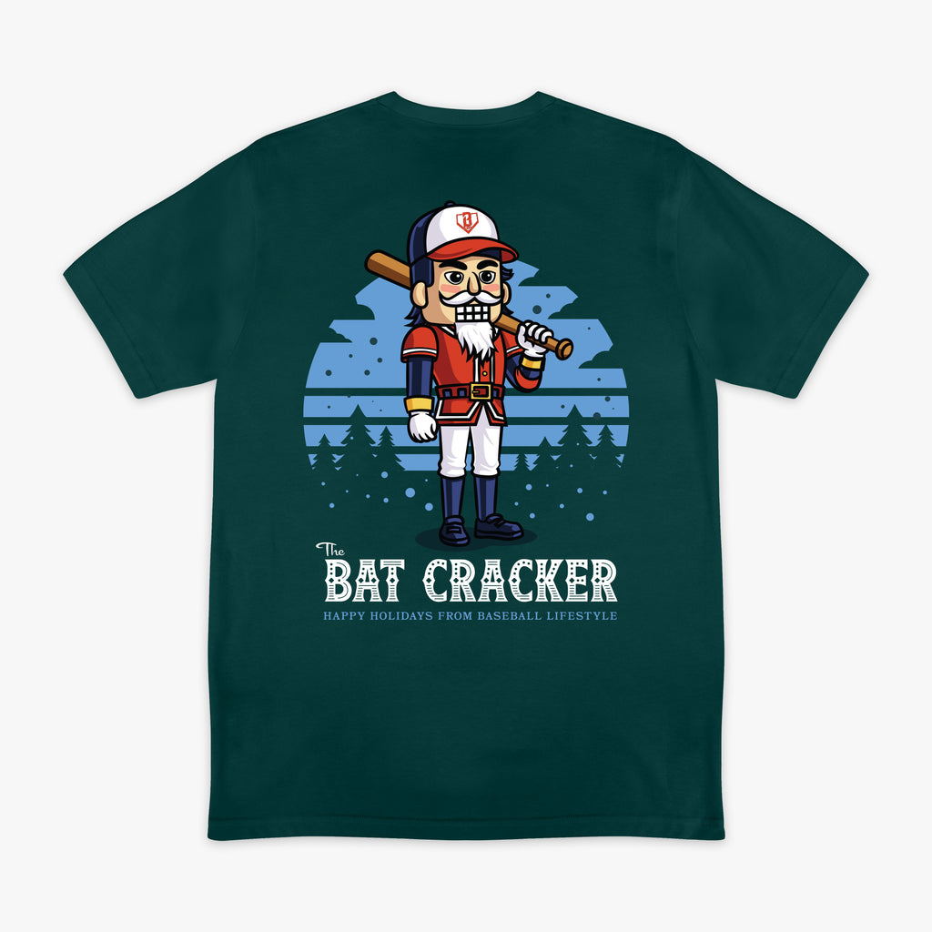 Teal graphic tee with "Bat Cracker" design - back view