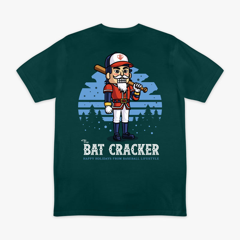 Teal graphic tee with "Bat Cracker" design - back view