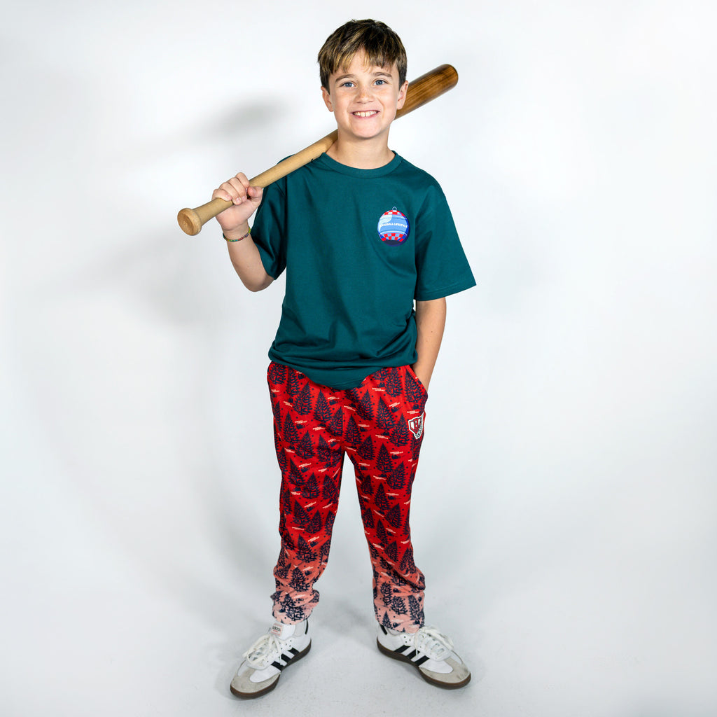 Youth model wearing teal youth graphic tee with "Bat Cracker" design