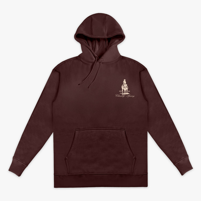 Brown hoodie with a beige horse logo on the chest against a white background