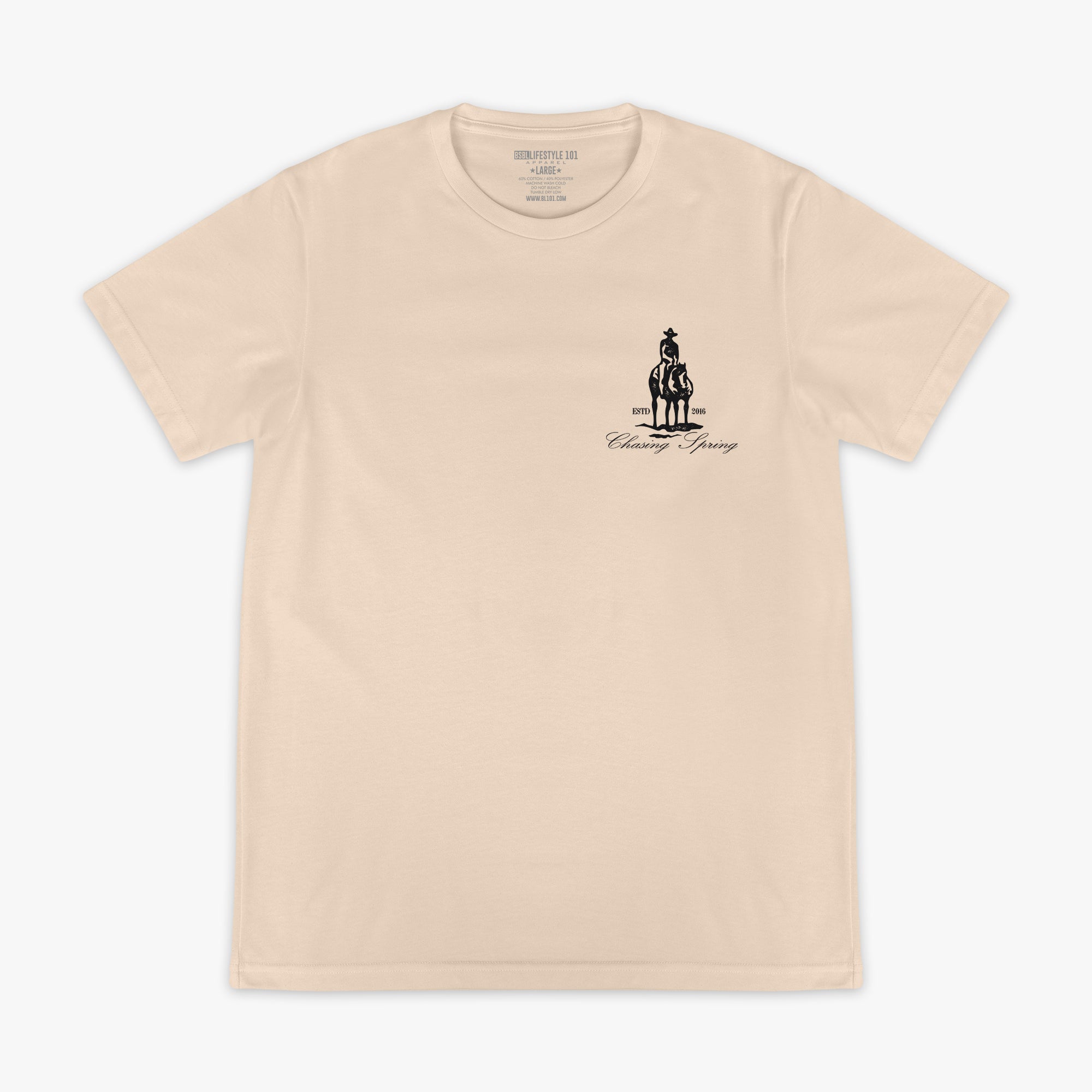 Beige t-shirt with a graphic of a person on a horse and text 'Offseason Chasing Spring' on a white background