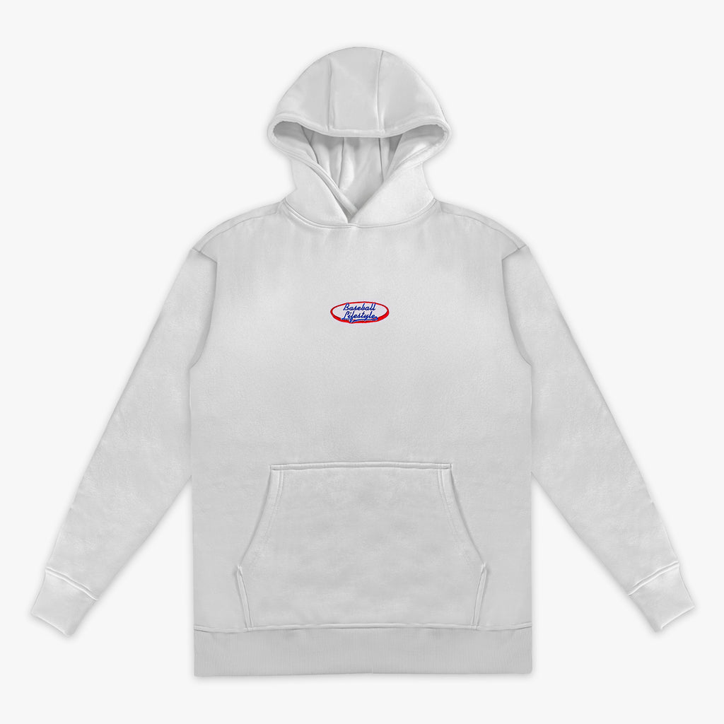 Gray hoodie with a 'Baseball Lifestyle' logo on the chest against a white background