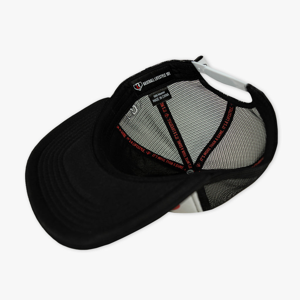 Black cap with mesh back and black Baseball Lifestyle 101 tag on a white background