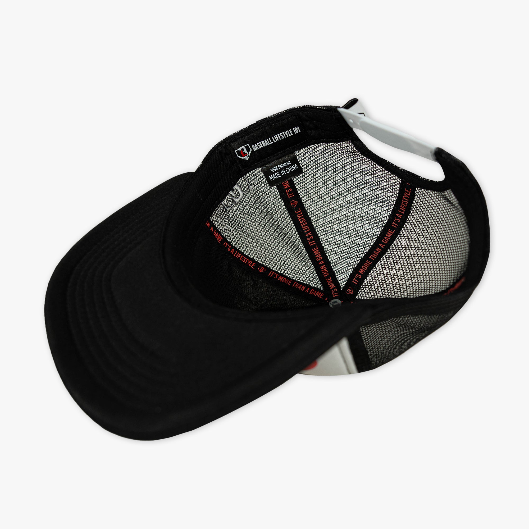 Black cap with mesh back and black Baseball Lifestyle 101 tag on a white background