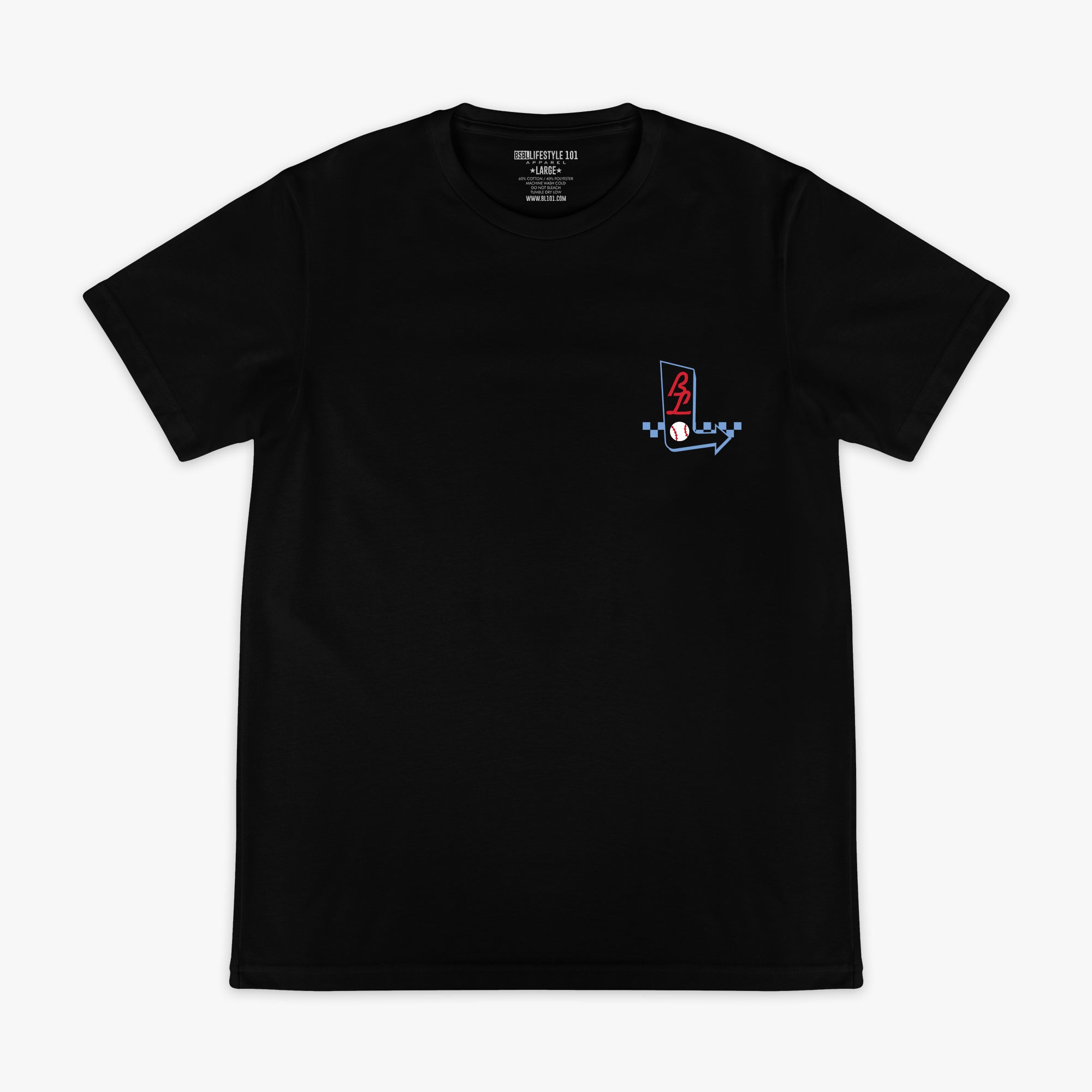 Black t-shirt with a small BL101 logo on the chest against a white background