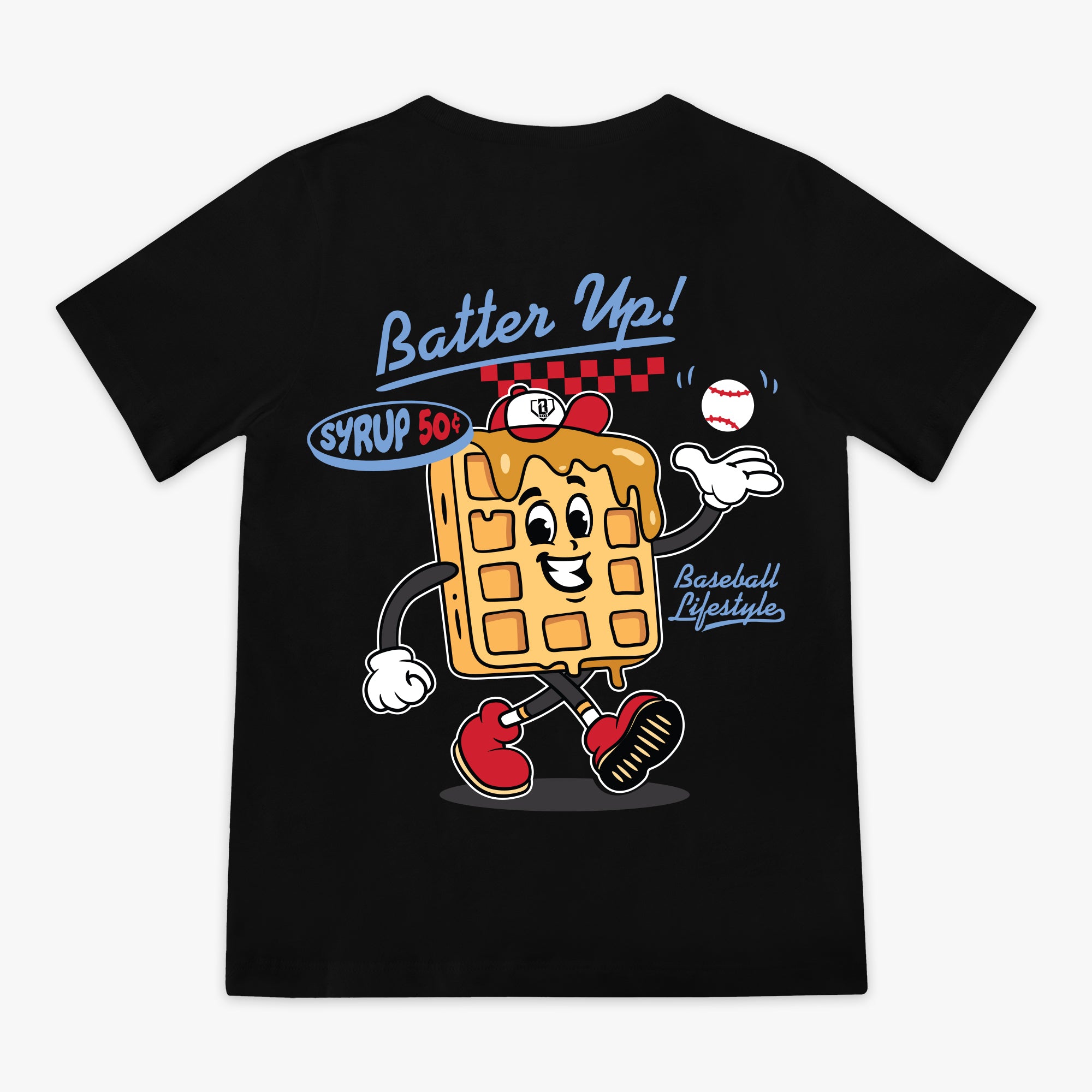 Black t-shirt with a cartoon waffle character and 'Batter Up!' text on a white background