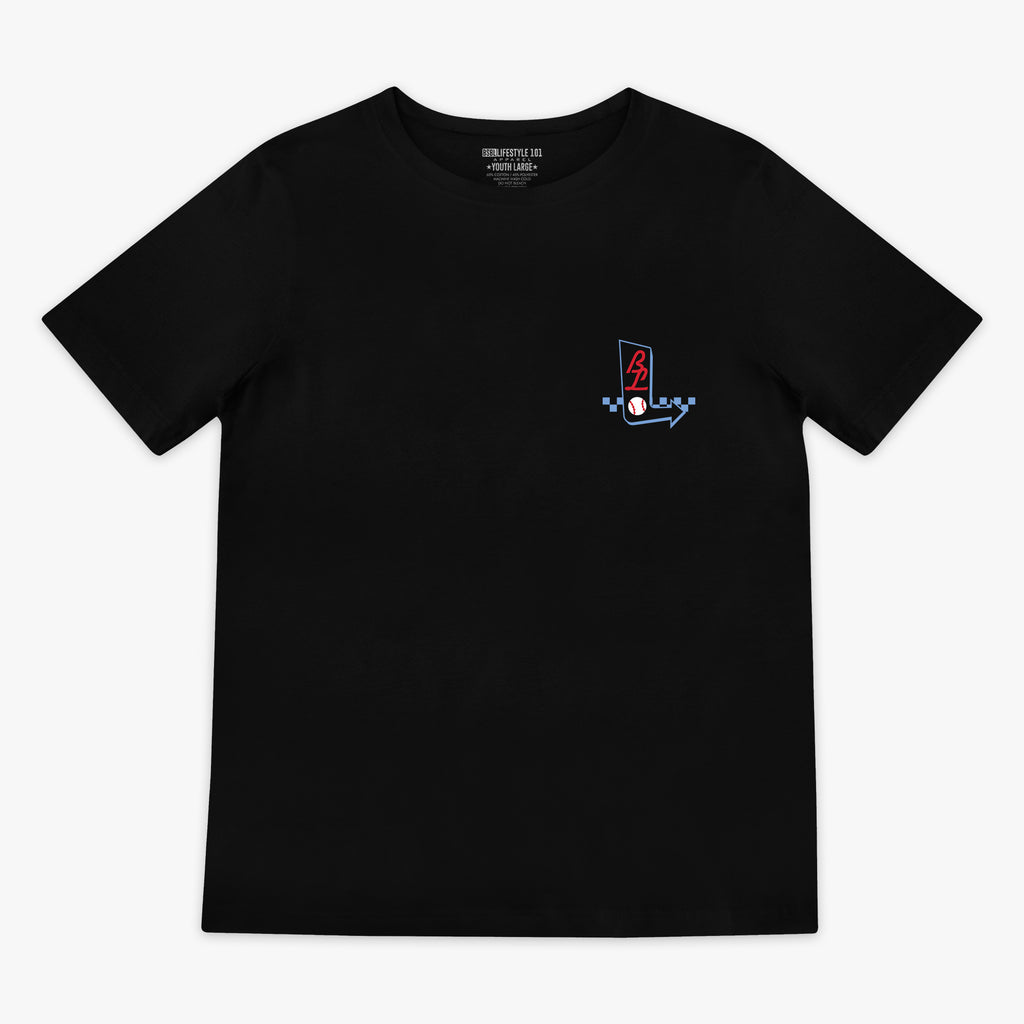 Black t-shirt with a small BL sign logo on the chest against a white background