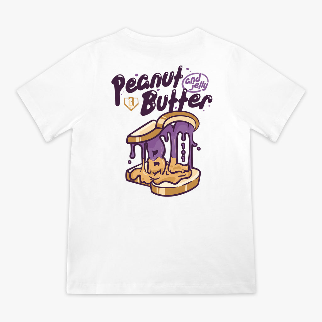 Back flat lay of the BL101 youth Peanut Butter and Jelly white tee, featuring a dripping PB&J sandwich graphic on a white background.