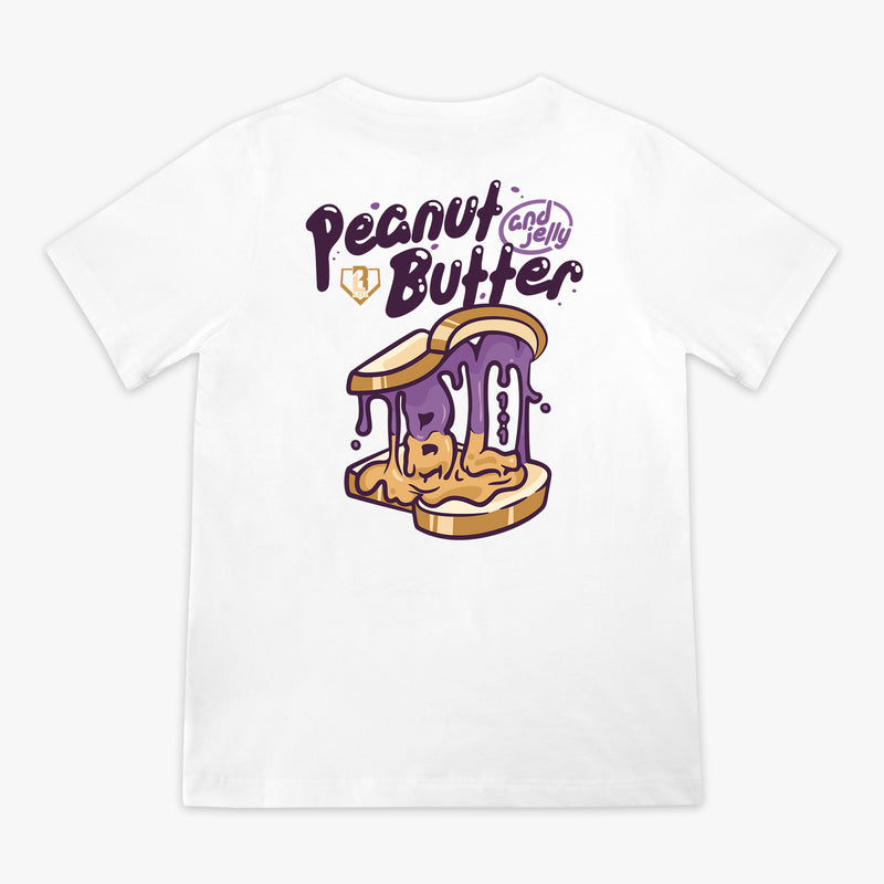 Back flat lay of the BL101 youth Peanut Butter and Jelly white tee, featuring a dripping PB&J sandwich graphic on a white background.