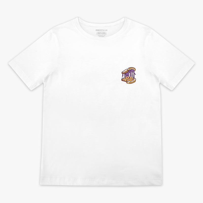 Front flat lay of the BL101 youth Peanut Butter and Jelly white tee, showing the chest sandwich logo on a white background.