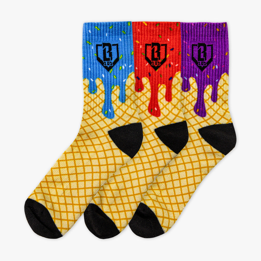 Colorful socks with a waffle cone pattern and black BL101 logos on a white background