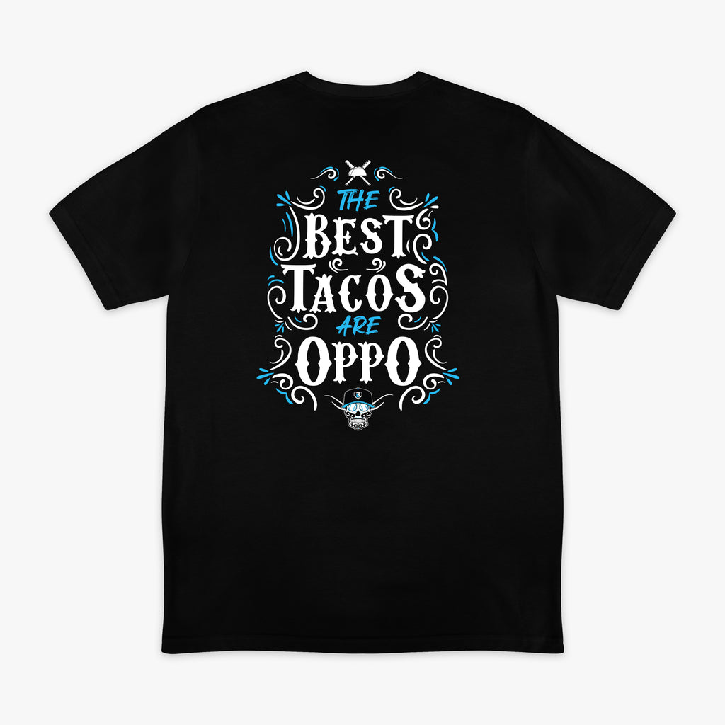 Black t-shirt with 'The Best Tacos Are Oppo' text design on a white background