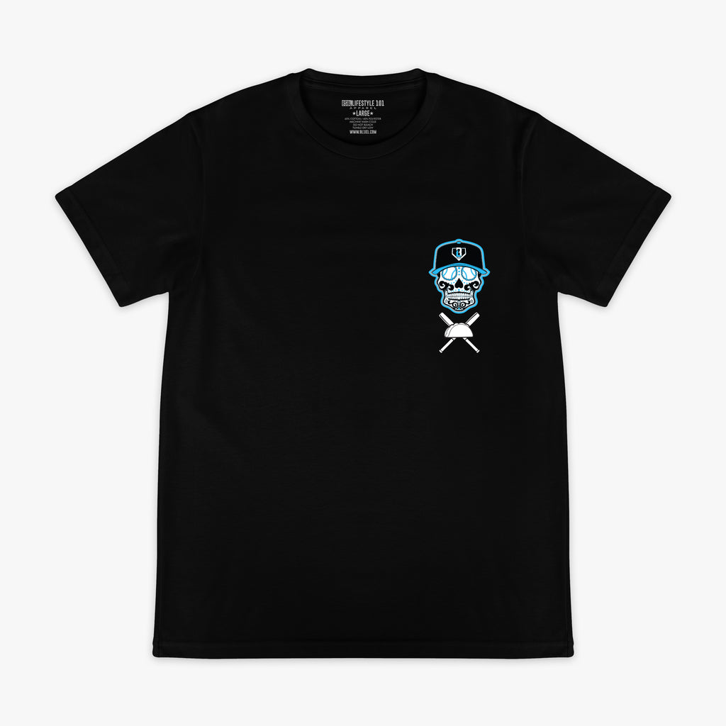 Black t-shirt with a graphic of a skull wearing a cap and sunglasses on a white background