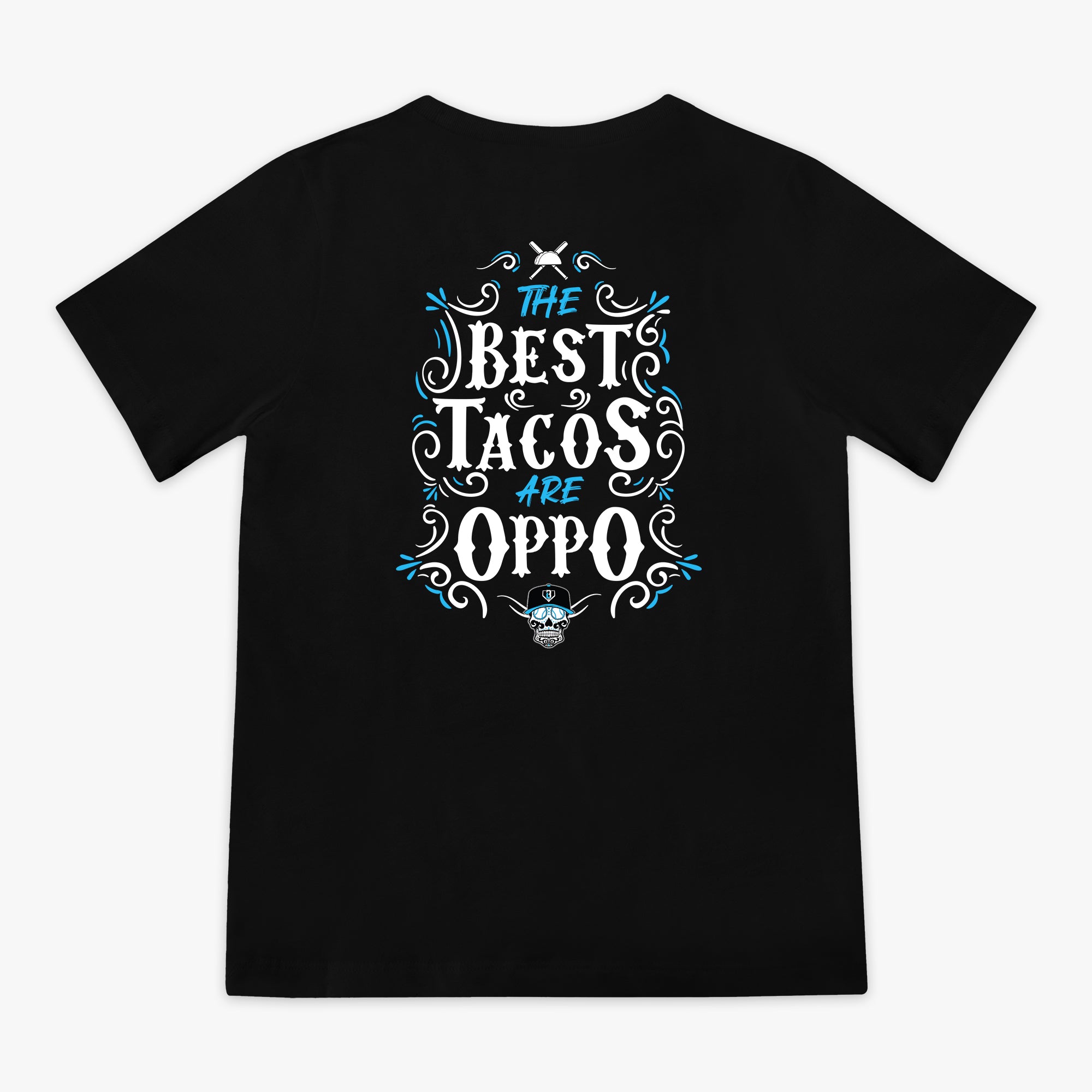 Black t-shirt with 'The Best Tacos Are Oppo' text design on a white background