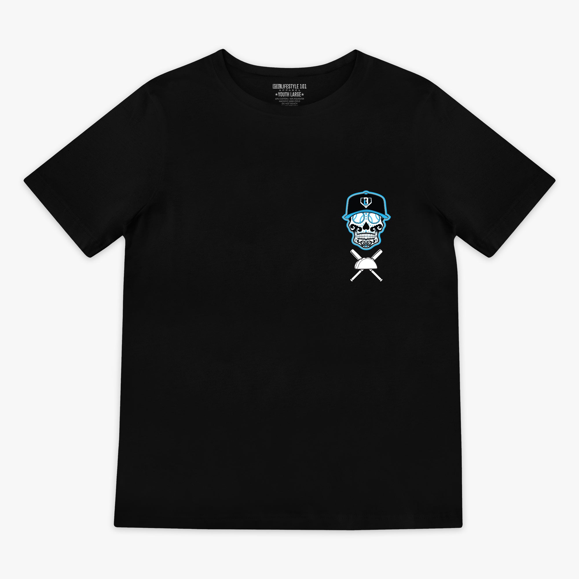 Black t-shirt with a skull and crossbones design on a white background