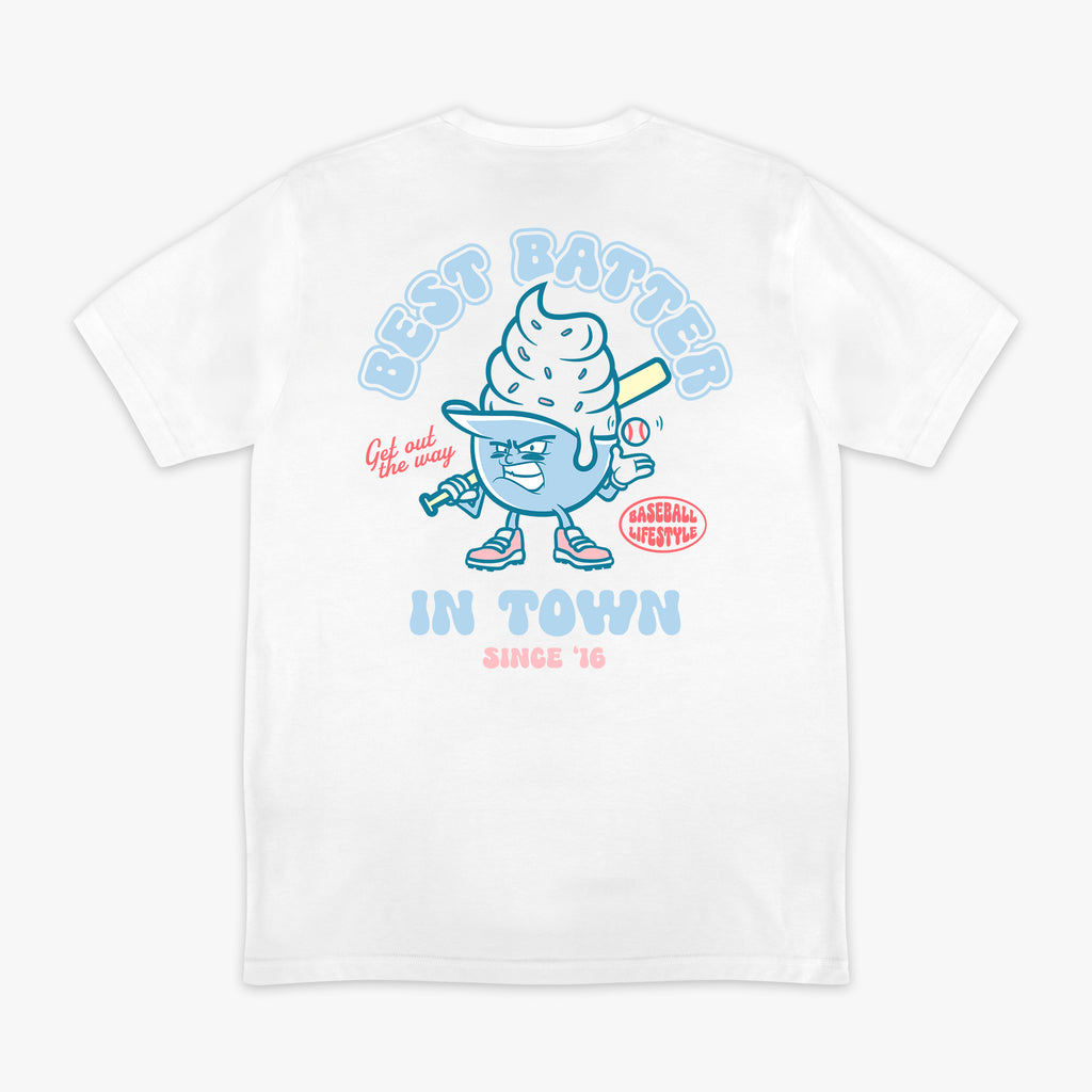 White graphic tee with “Best Batter” design — back view