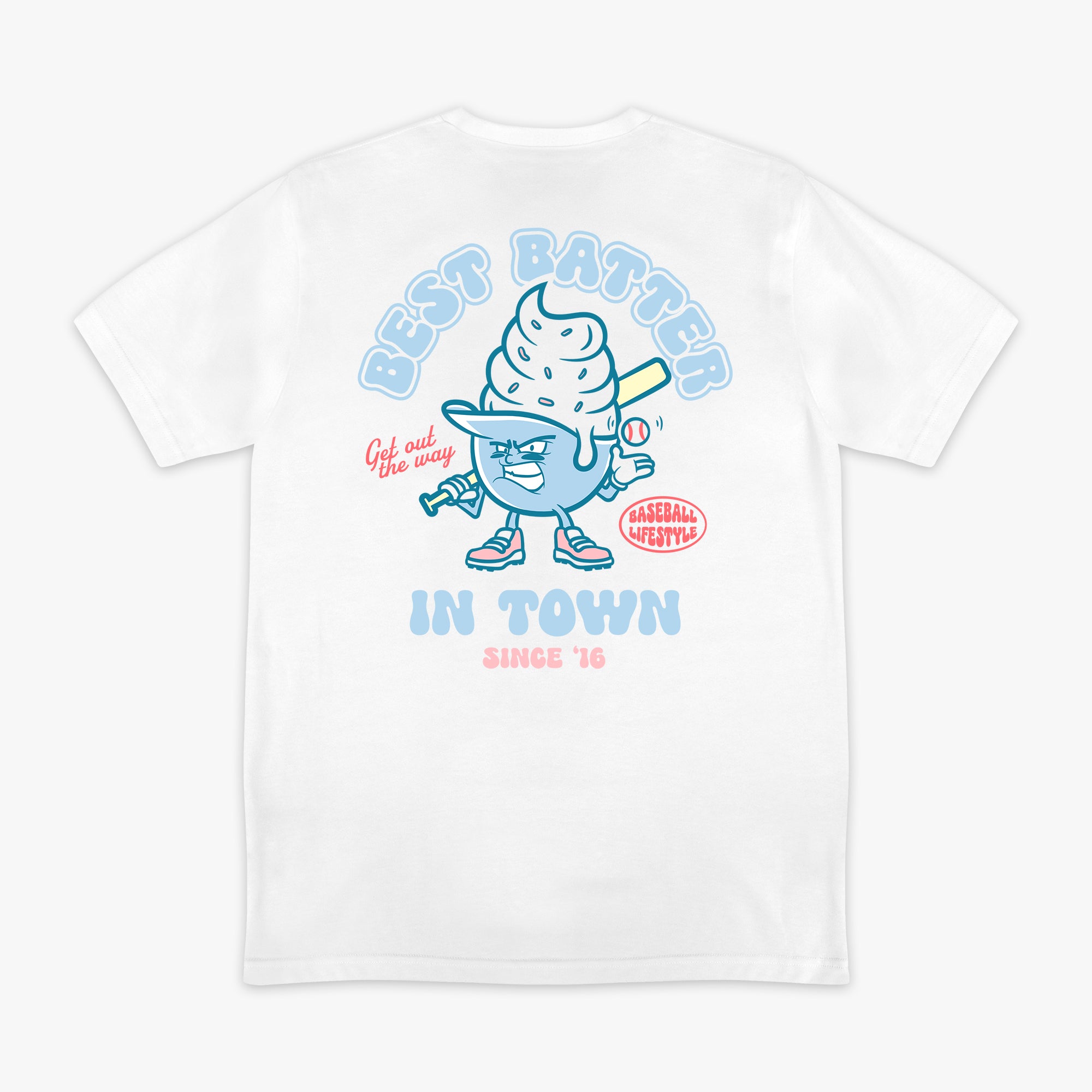 White graphic tee with “Best Batter” design — back view
