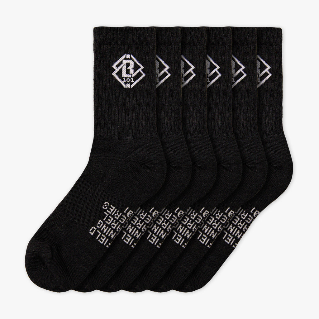 Set of black socks with a white BL101 logo and text on a white background