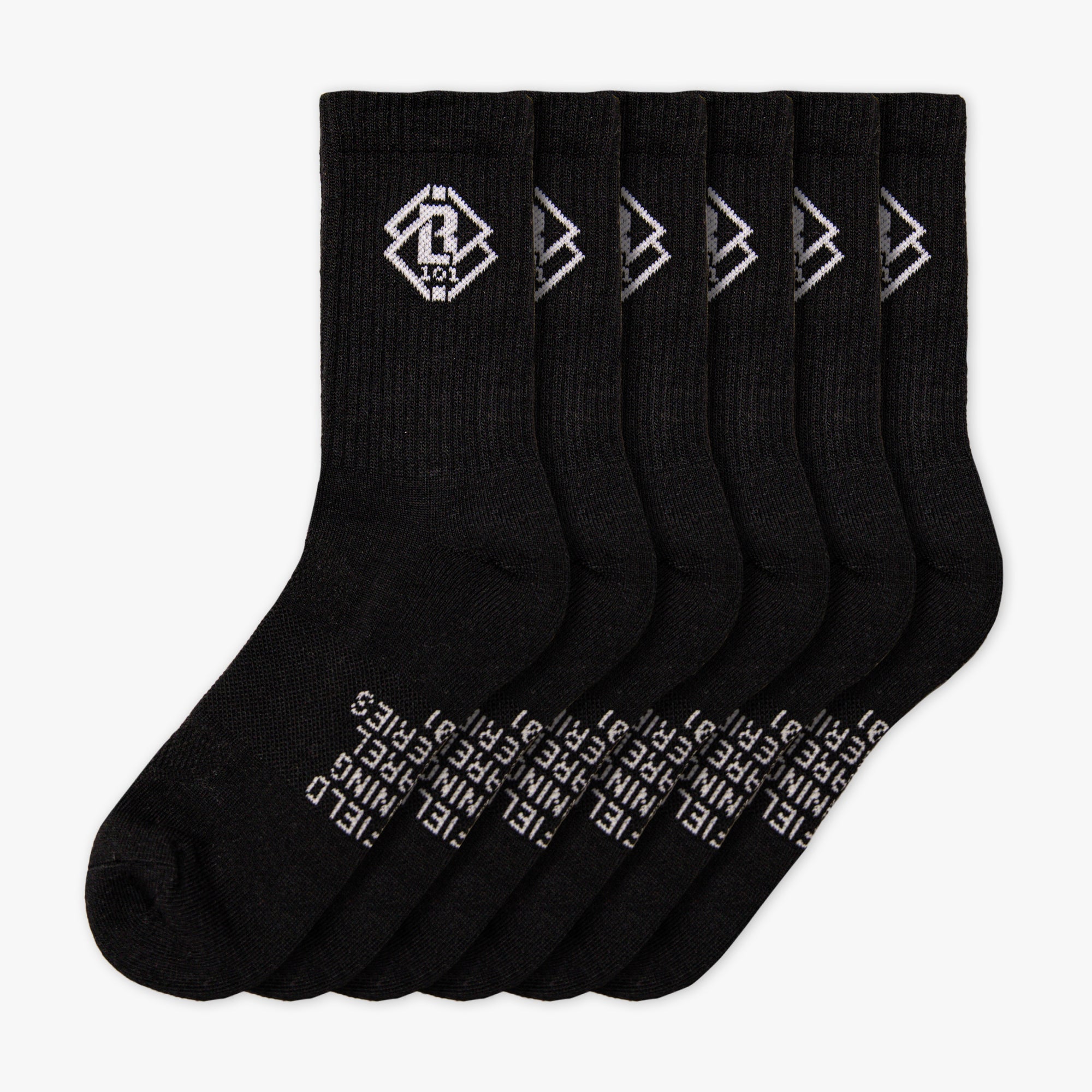 Set of black socks with a white BL101 logo and text on a white background