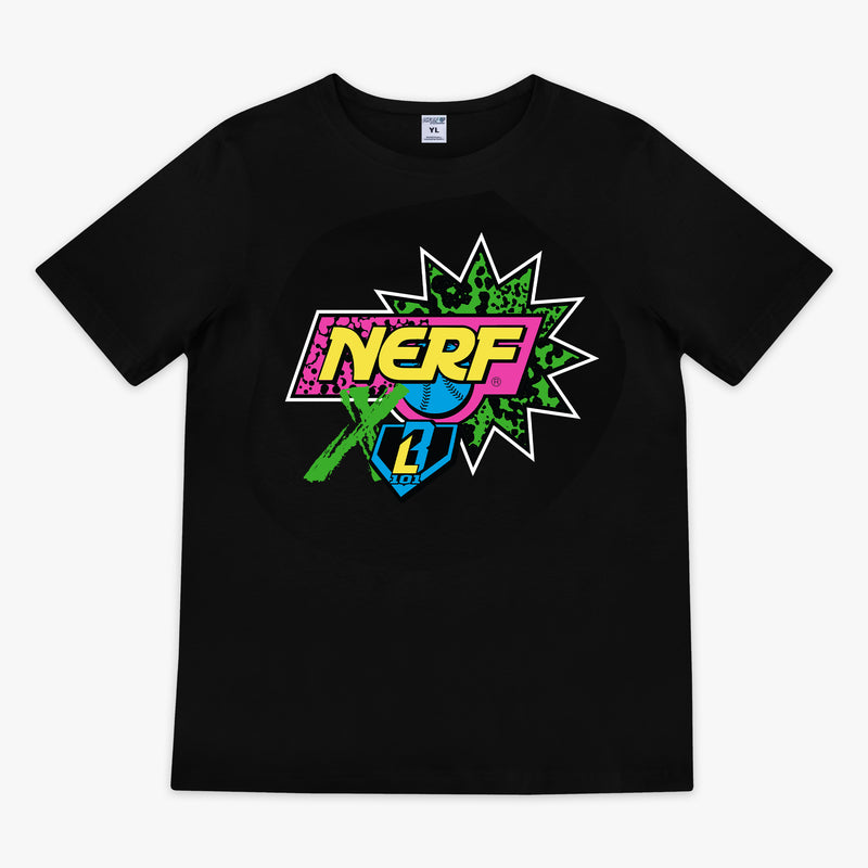 Black t-shirt with colorful 'NERF X BL101' logo on a white background