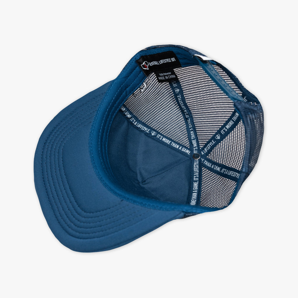 A blue trucker-style cap shown from an overhead angle, highlighting the mesh back panels and interior stitching, on a clean white background.