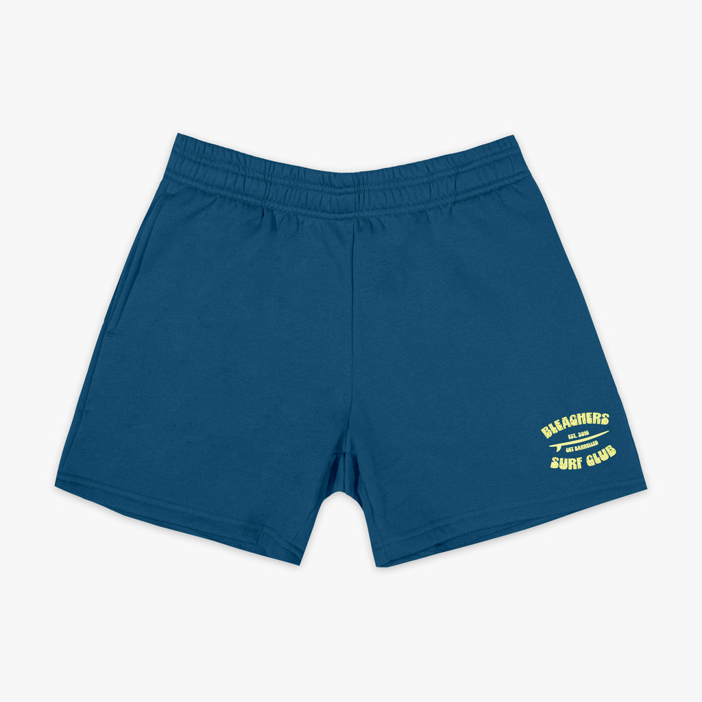 Blue youth shorts with "Bleachers Surf Club" design — front view