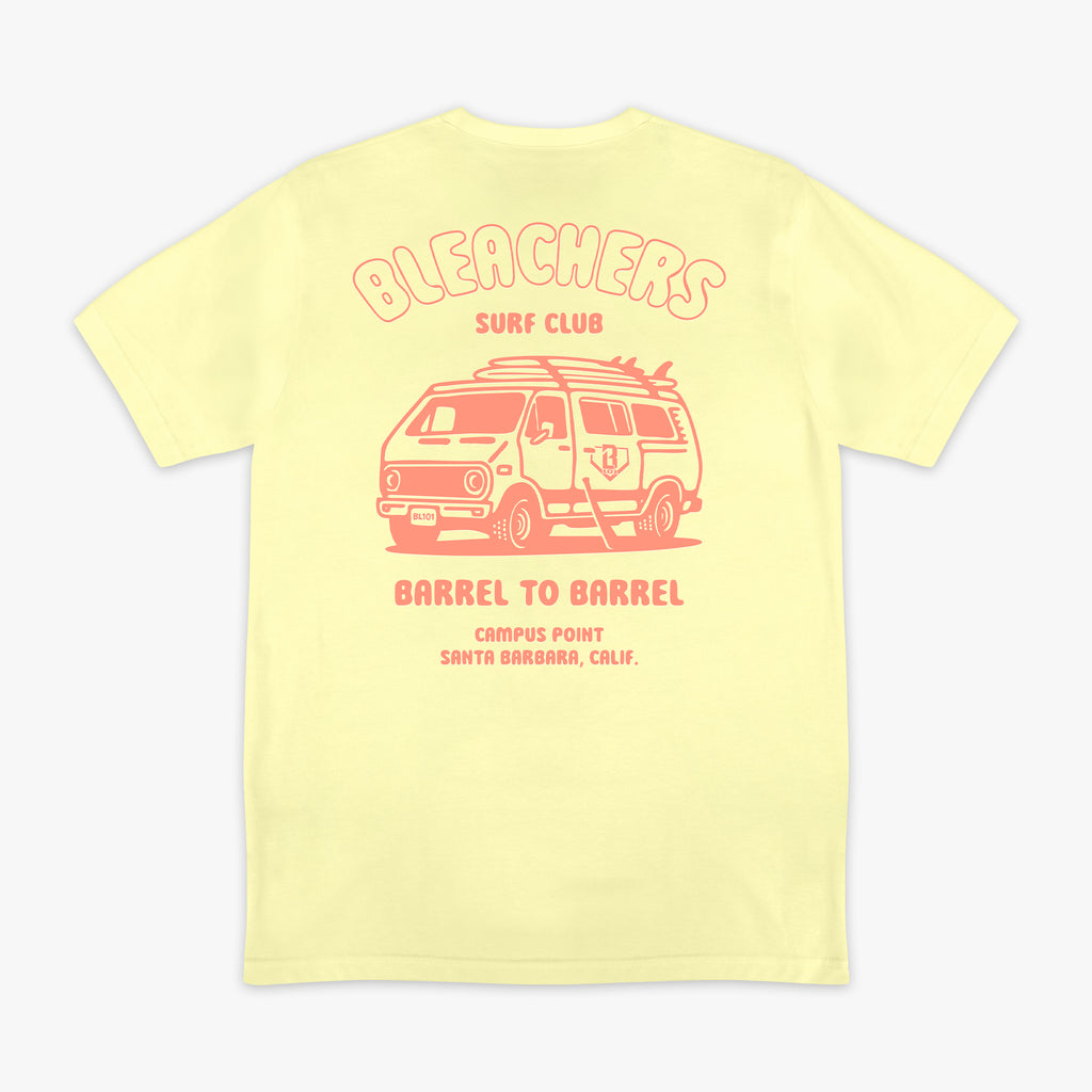 Yellow graphic tee with "Bleachers Surf Club" design — back view