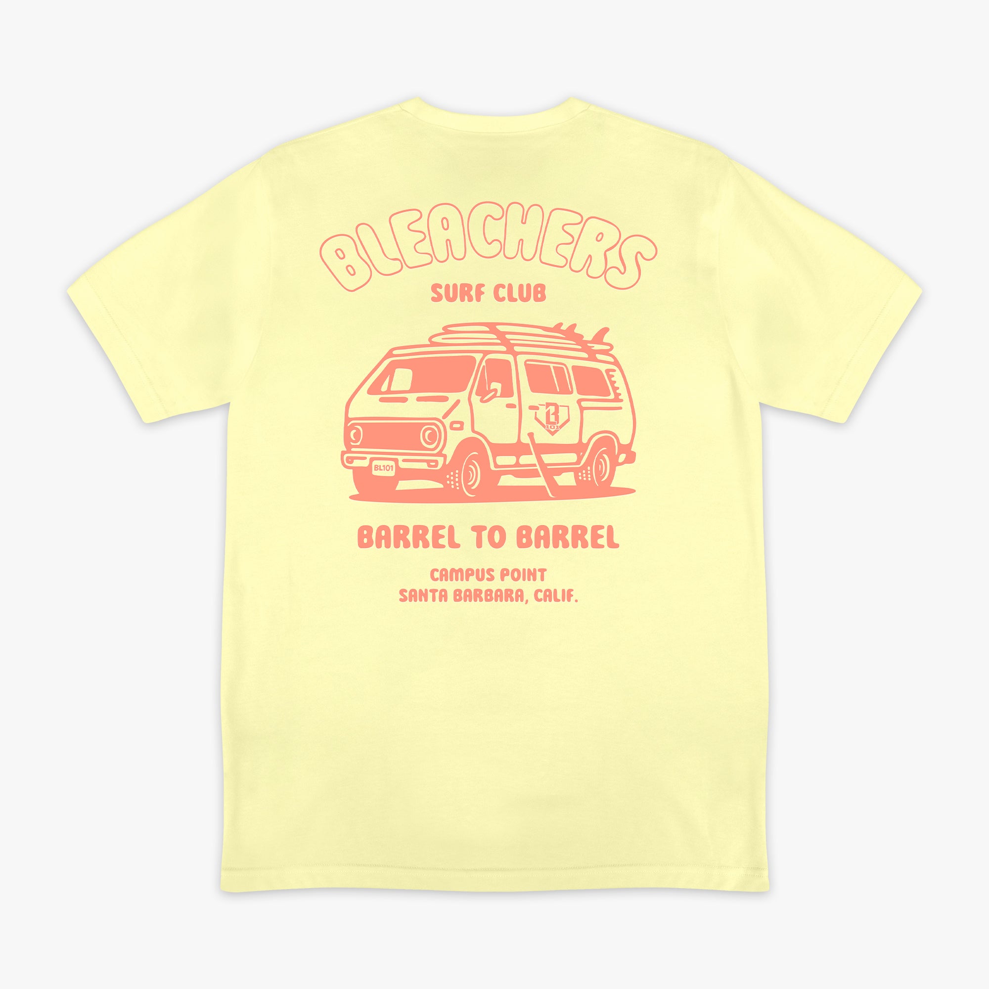 Yellow graphic tee with "Bleachers Surf Club" design — back view
