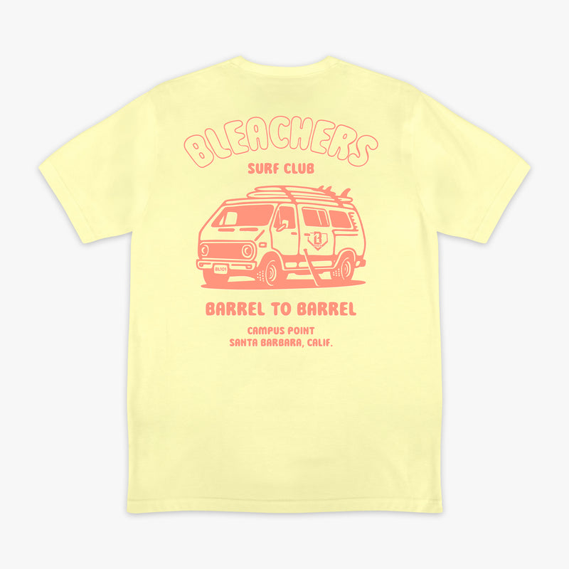 Yellow graphic tee with "Bleachers Surf Club" design — back view