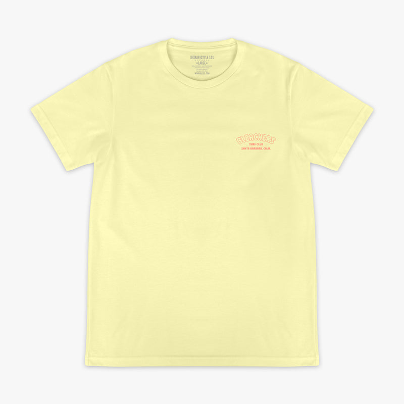 Yellow graphic tee with "Bleachers Surf Club" design — front view