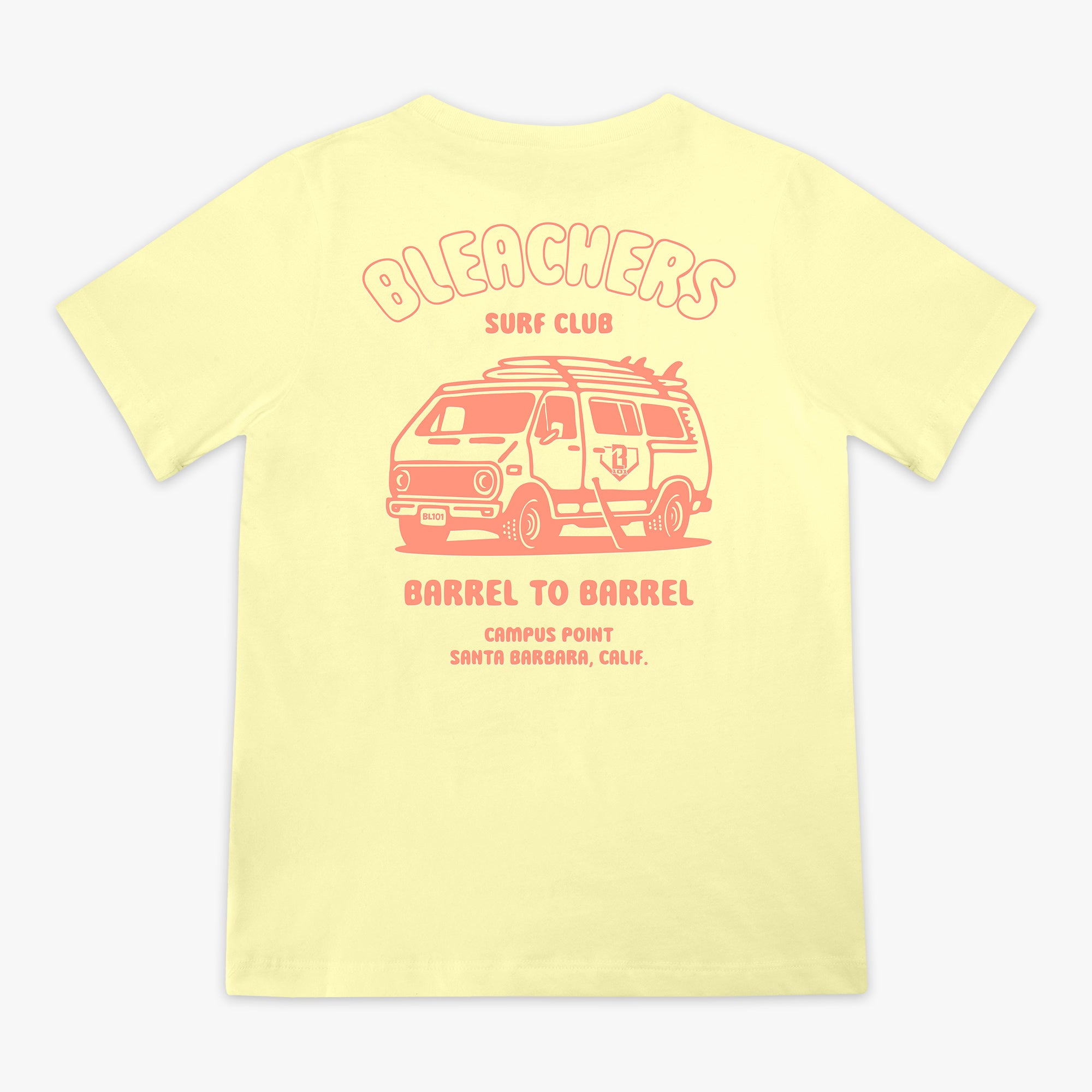 Yellow youth graphic tee with "Bleachers Surf Club" design — back view