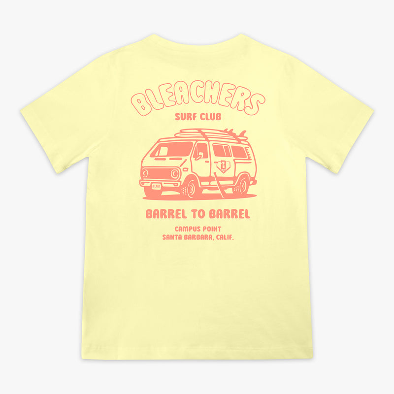 Yellow youth graphic tee with "Bleachers Surf Club" design — back view
