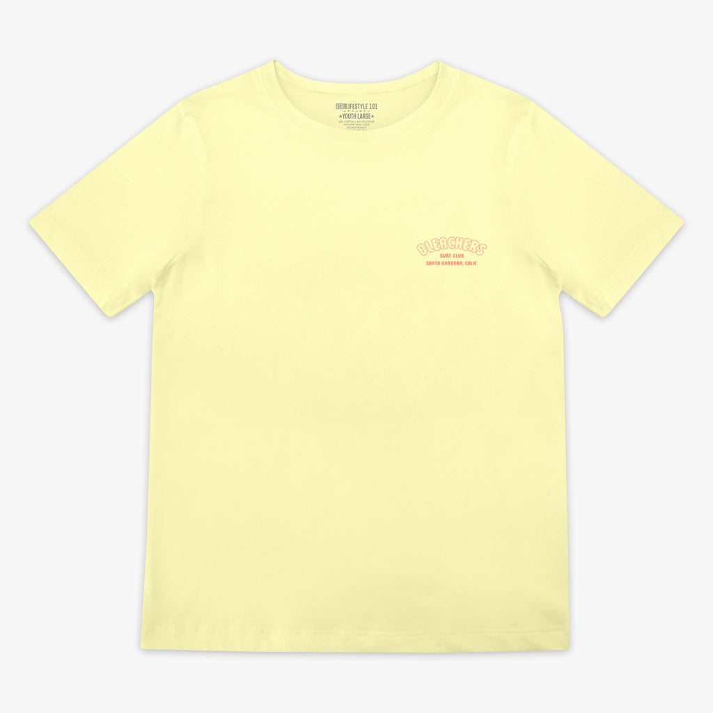 Yellow youth graphic tee with "Bleachers Surf Club" design — front view