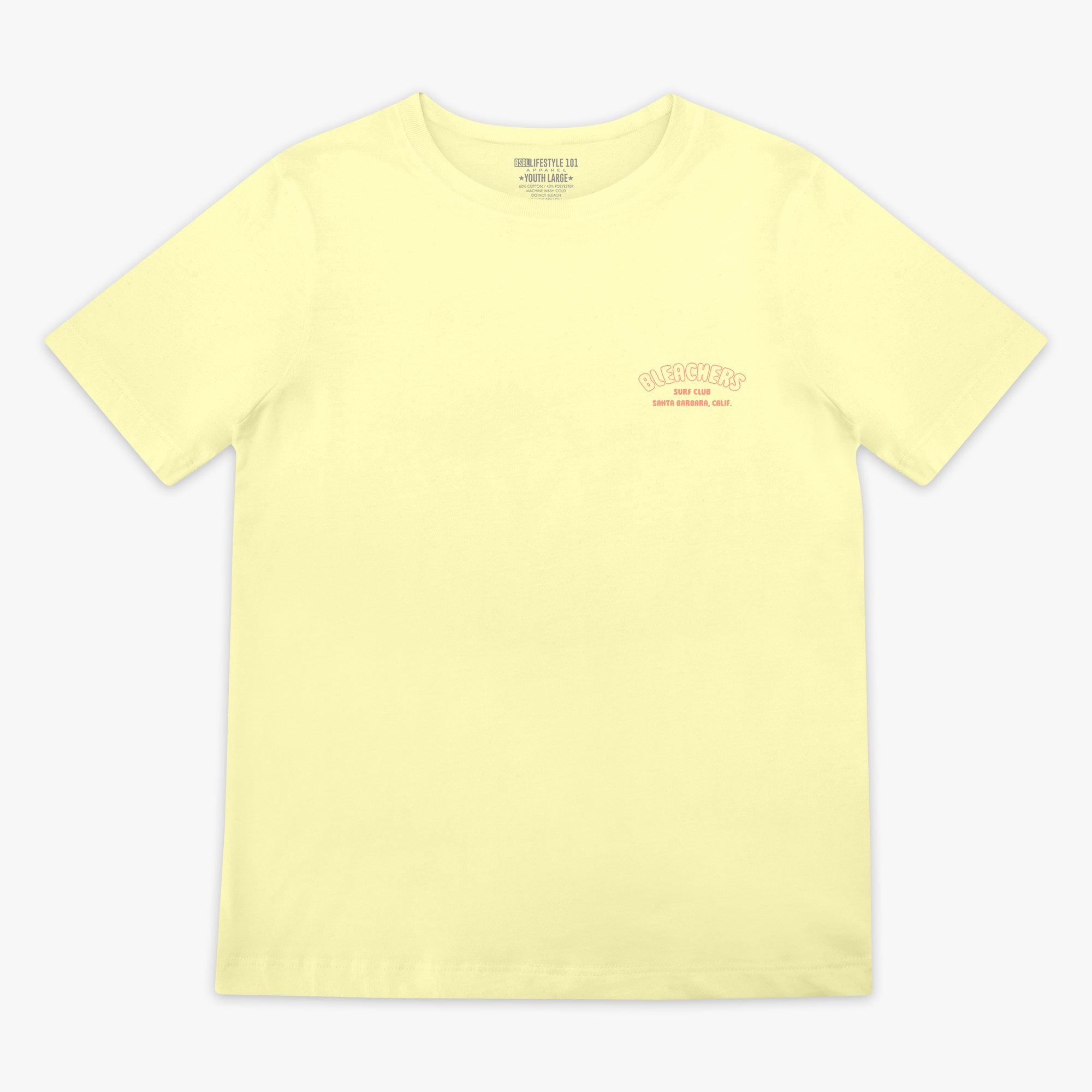 Yellow youth graphic tee with "Bleachers Surf Club" design — front view