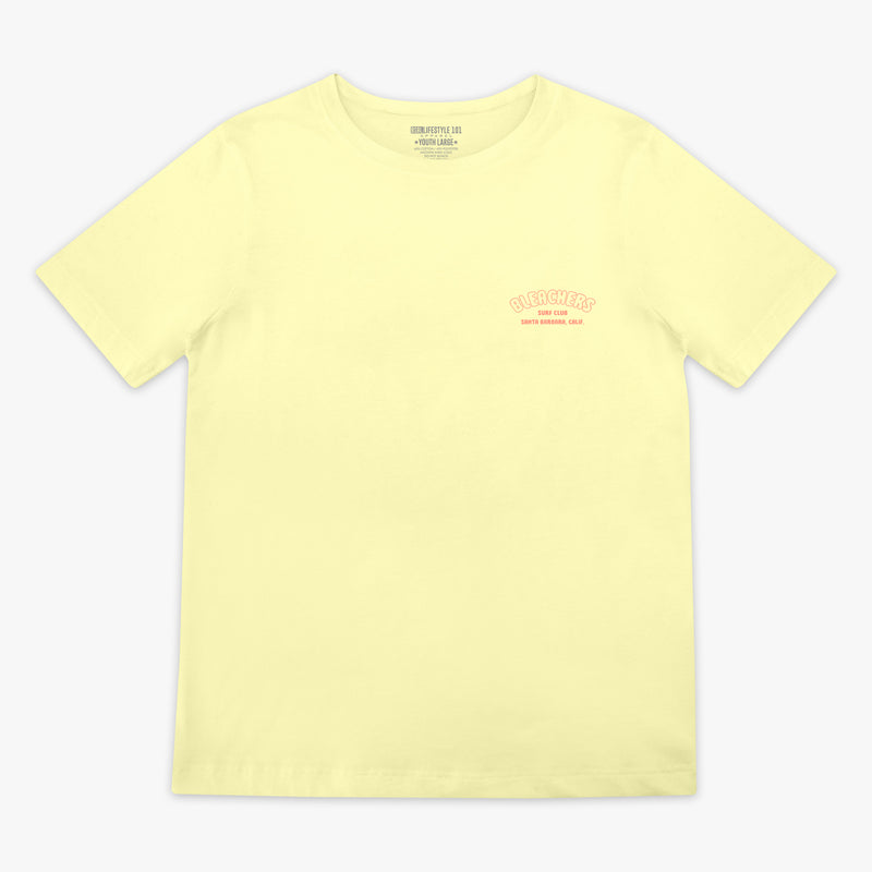 Yellow youth graphic tee with "Bleachers Surf Club" design — front view