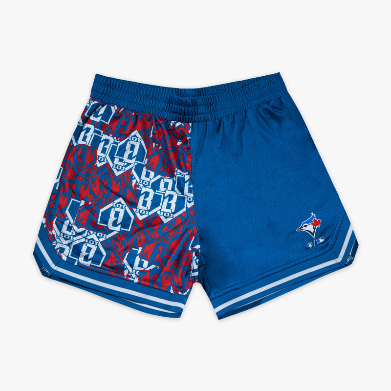 Blue shorts with "Toronto Blue Jays Sticker Court" design - front view