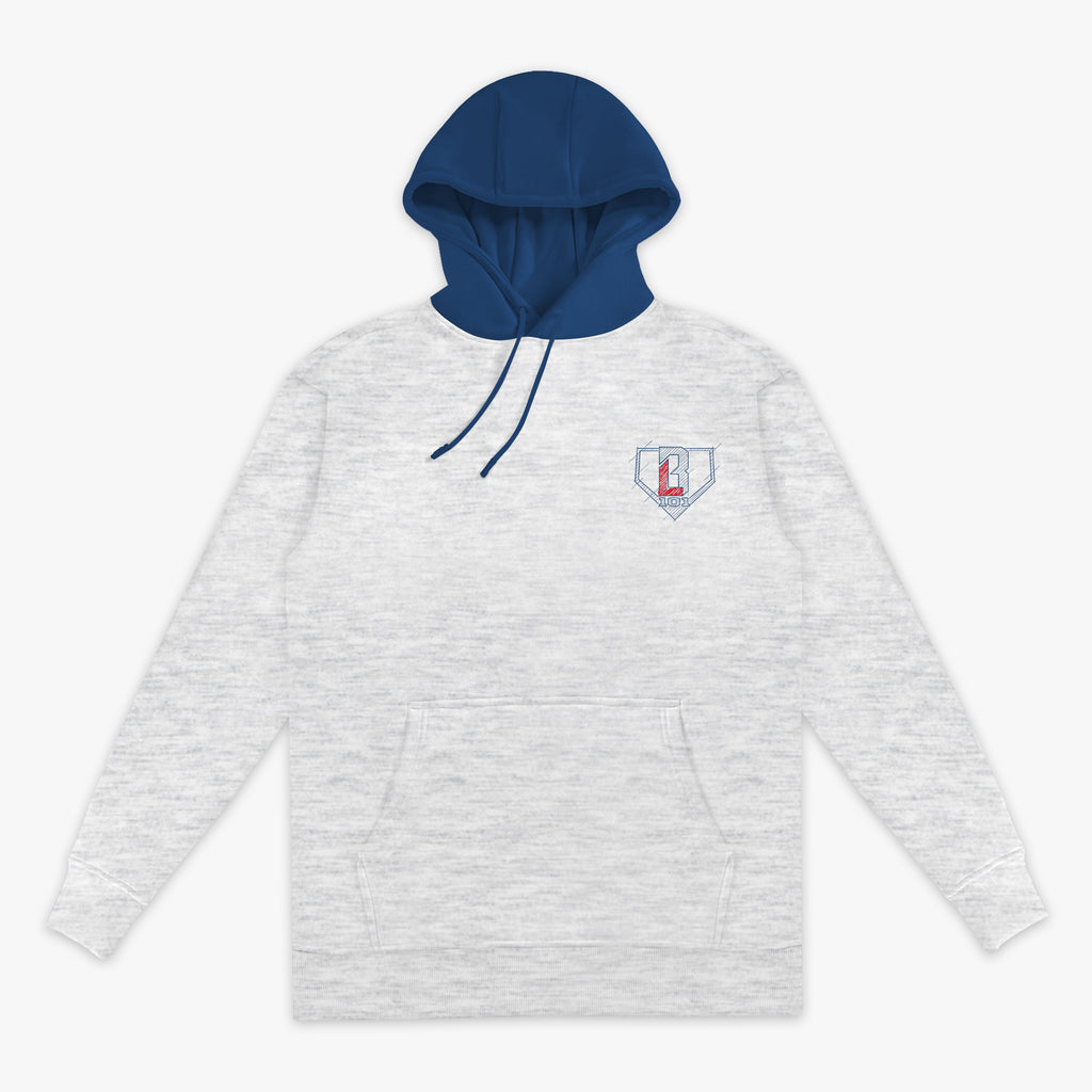 Gray hoodie with blue hood with a blue an red BL101 logo on a white background
