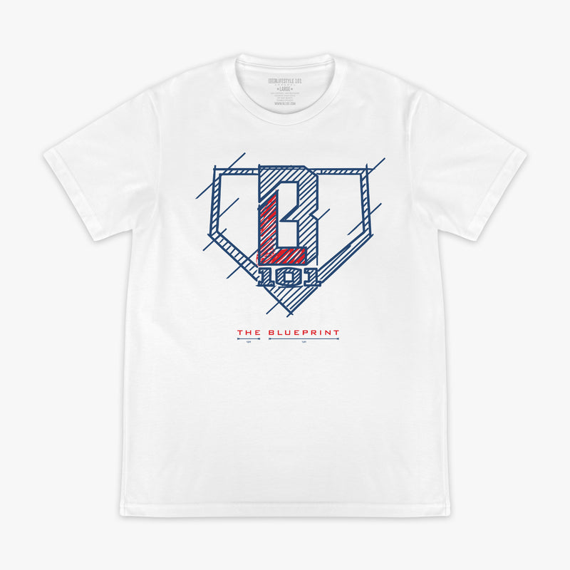 White t-shirt with 'The Blueprint' text, blue and red BL101 logo on a white background
