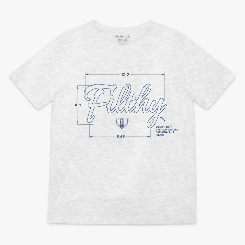 White t-shirt with 'Filthy' graphic design and "Design ref: 9 yr old said his curve ball is filthy" text on a white background
