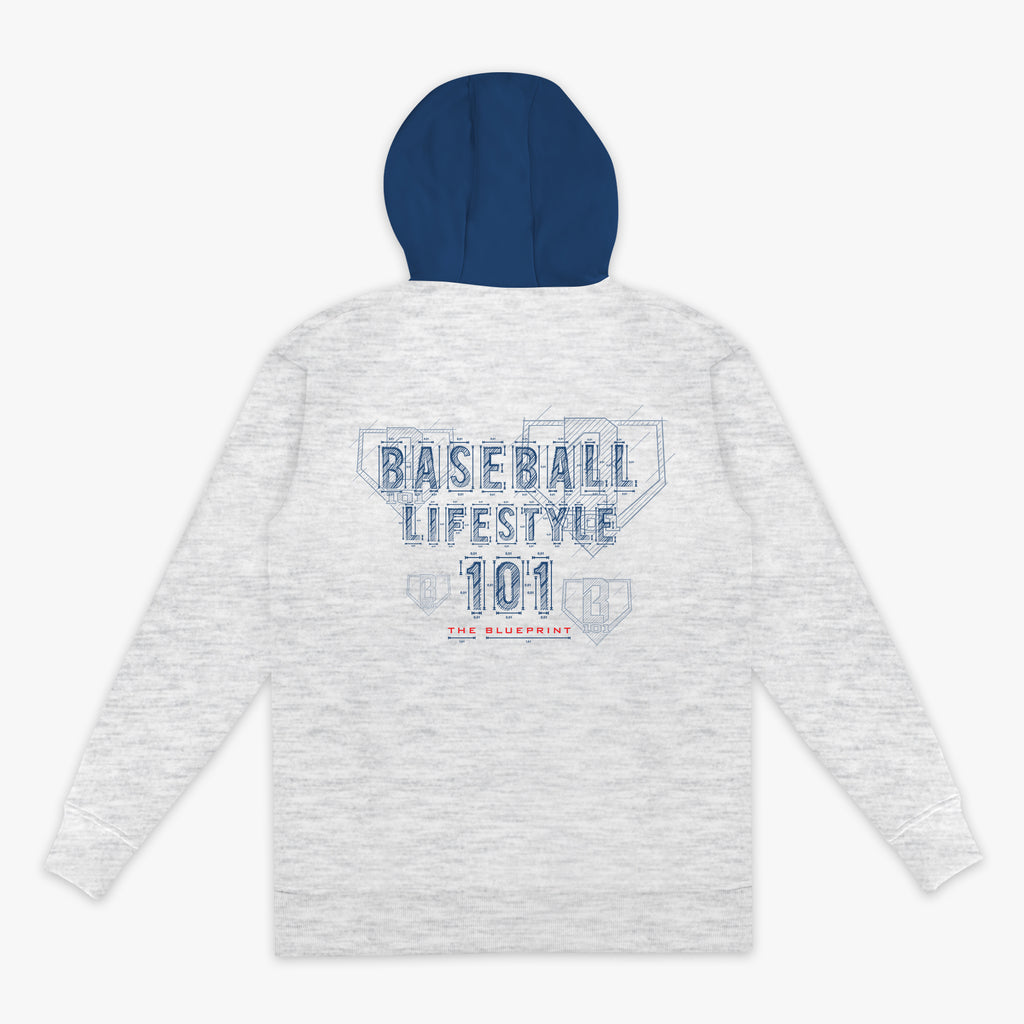 Gray hoodie with navy blue hood on a white background, featuring 'Baseball Lifestyle 101 The blueprint' logo.