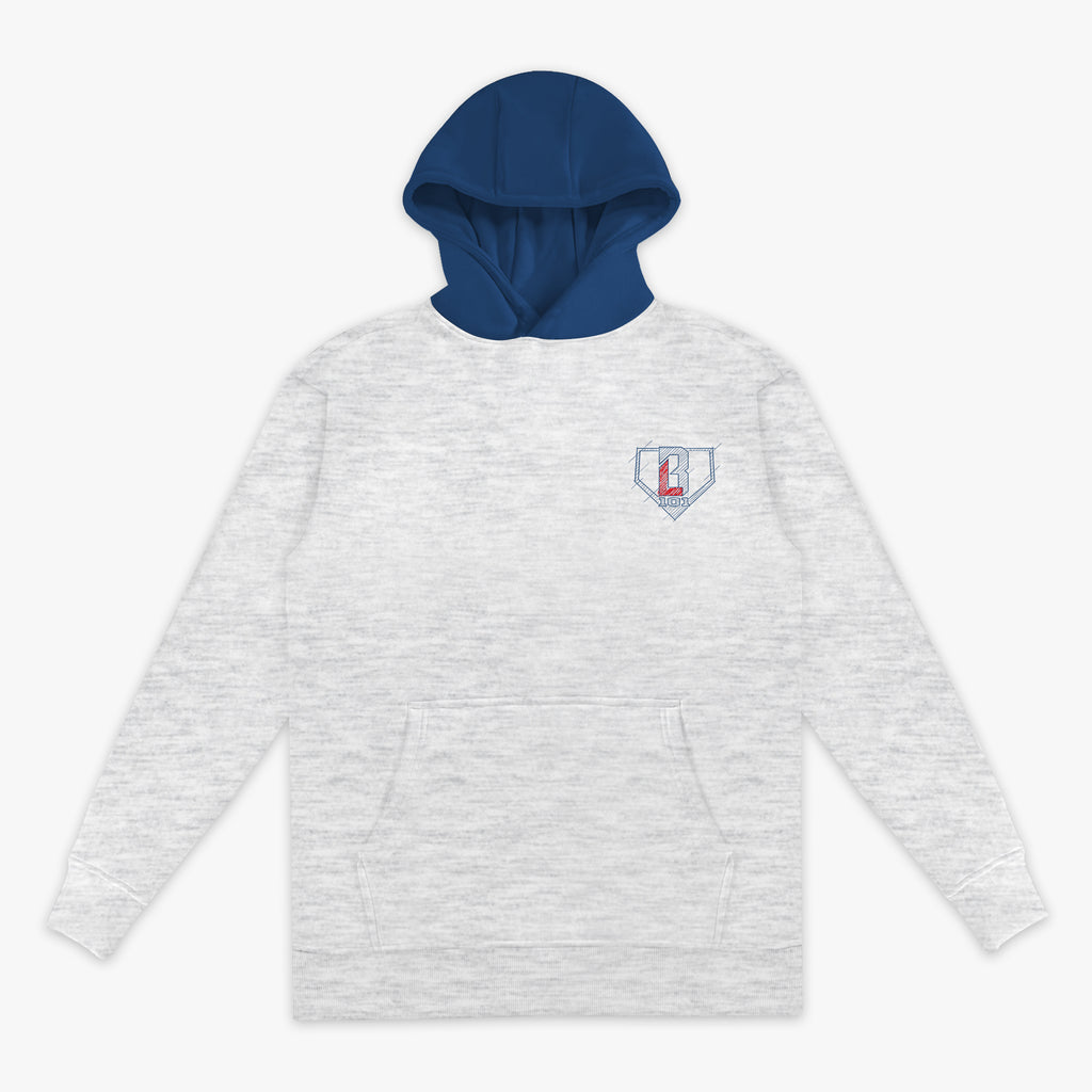 Gray hoodie with blue hood with a blue an red BL101 logo on a white background