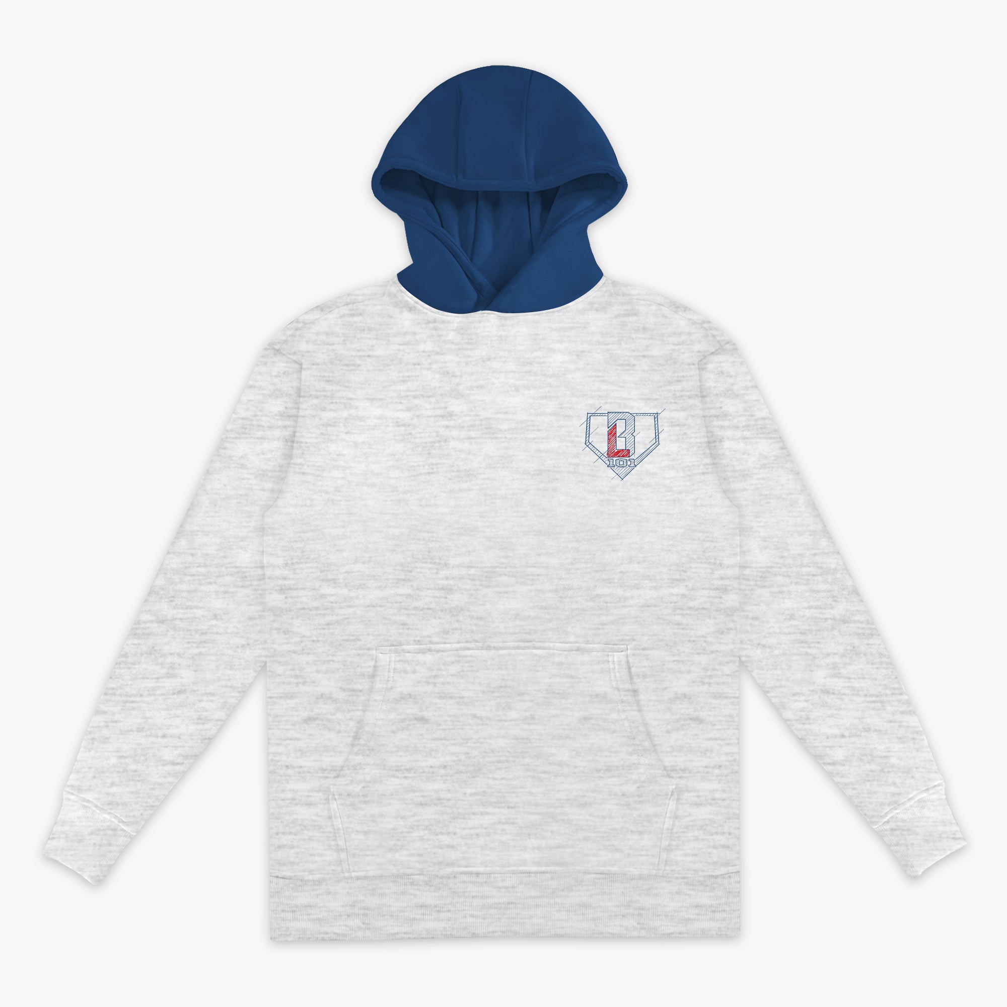 Gray hoodie with blue hood with a blue an red BL101 logo on a white background